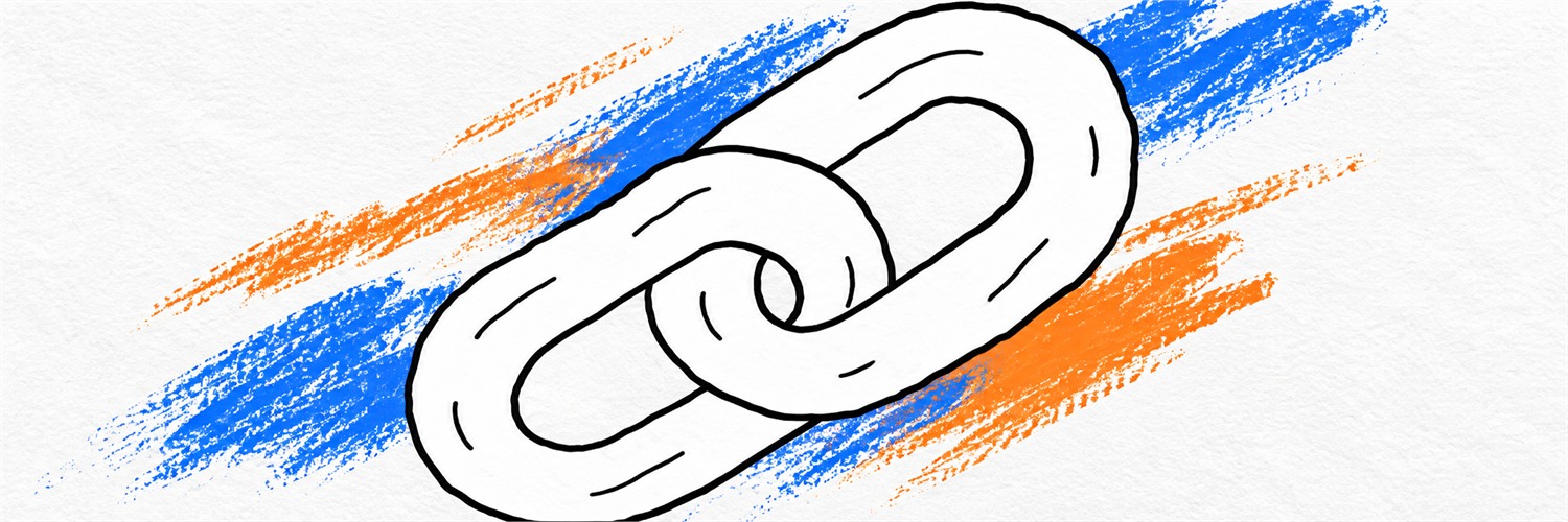 Two hand-drawn interlocked links over blue and orange marker strokes